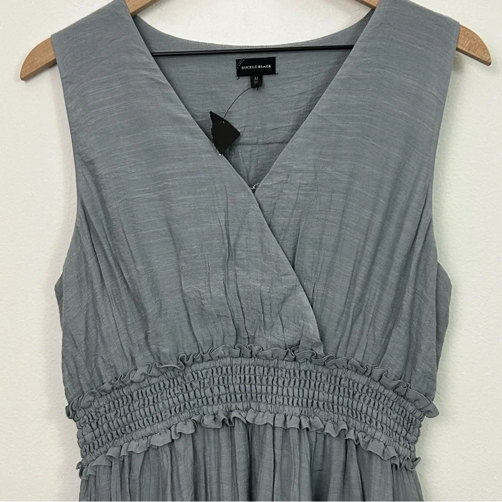 Buckle Black Size M Ruffle Smocked Midi Dress Handkerchief Hem Blue